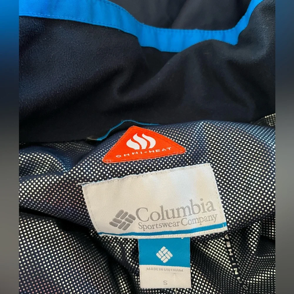 Men’s Columbia Omni-heat blue hooded winter jacket, multiple pockets, Velcro-S
